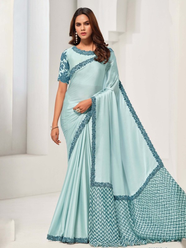 Sky Blue Crepe Satin Silk Saree